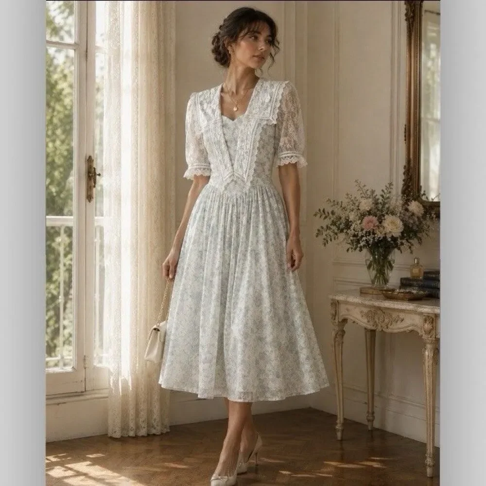 Vintage 80s Gunne Sax Jessica McClintock Pastel Floral Prairie Cottagecore Dress - Picture 1 of 14